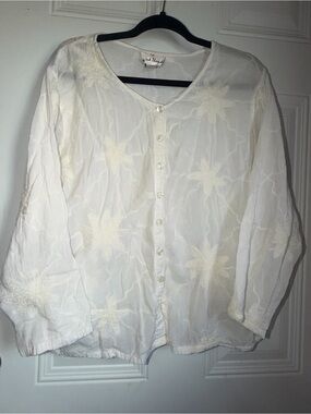 Sacred Threads White Embroidered Button-Front Blouse